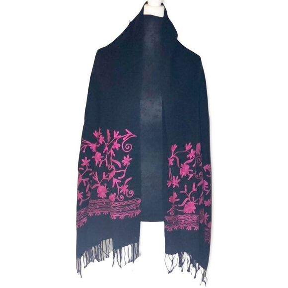 Wide Black Scarf Pink Embroidery Fringed Ends - Picture 1 of 13